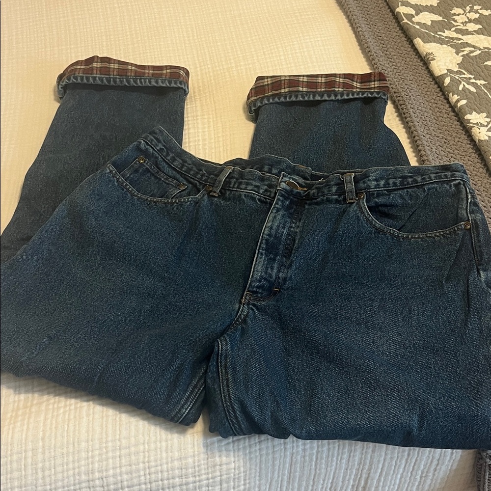 Eddie Bauer Blue Denim Jeans with Red Plaid Lining